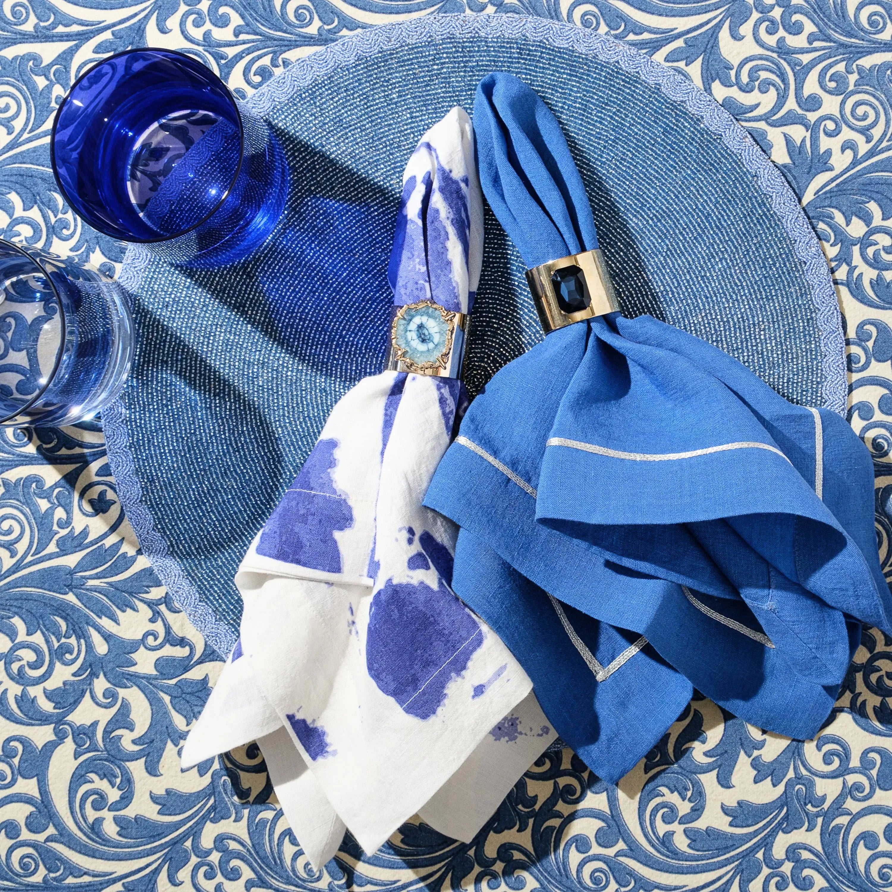 Damask print tablecloth, blue - The Mayfair Hall