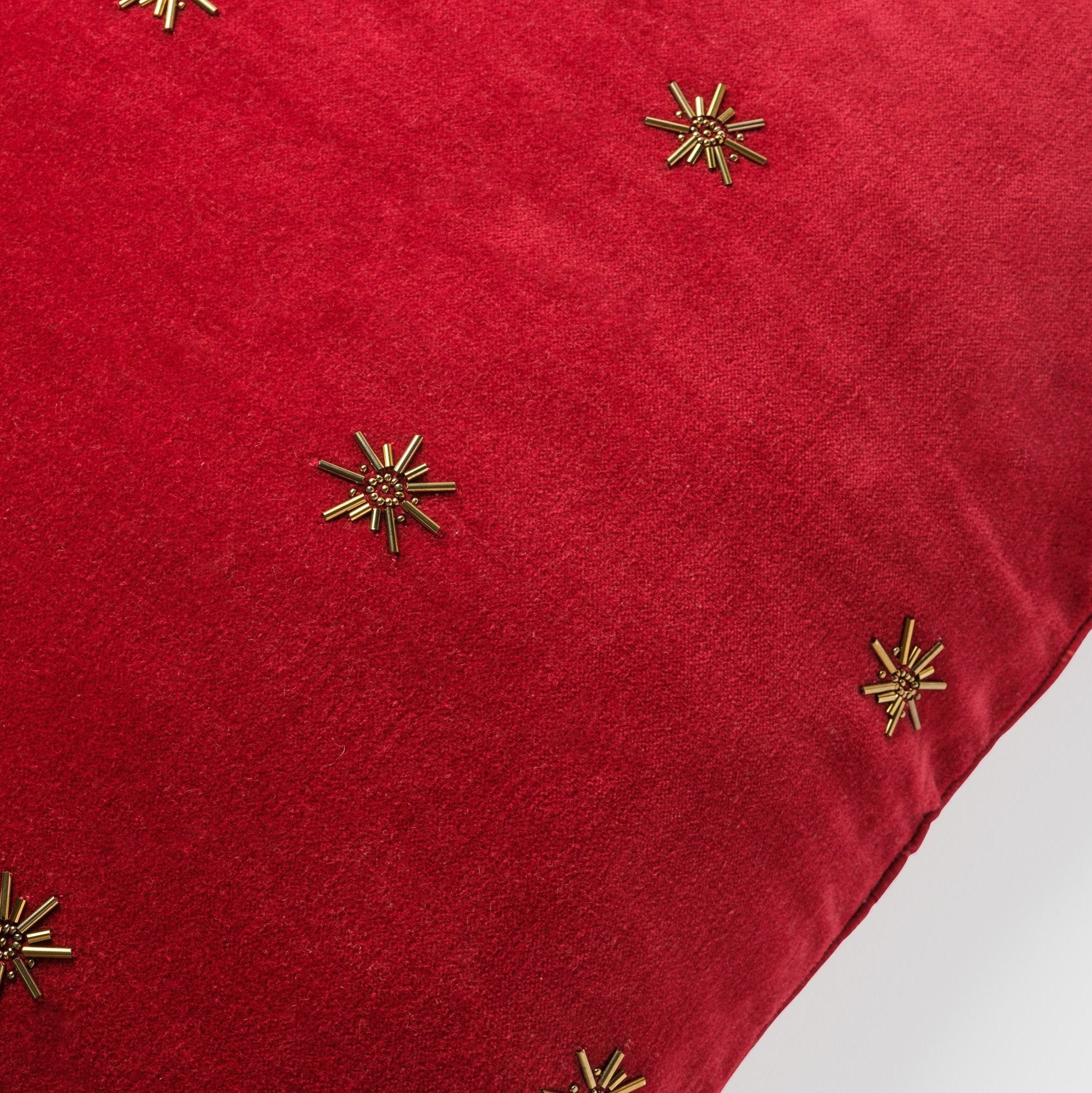 Embroidered star pillow, red cotton velvet