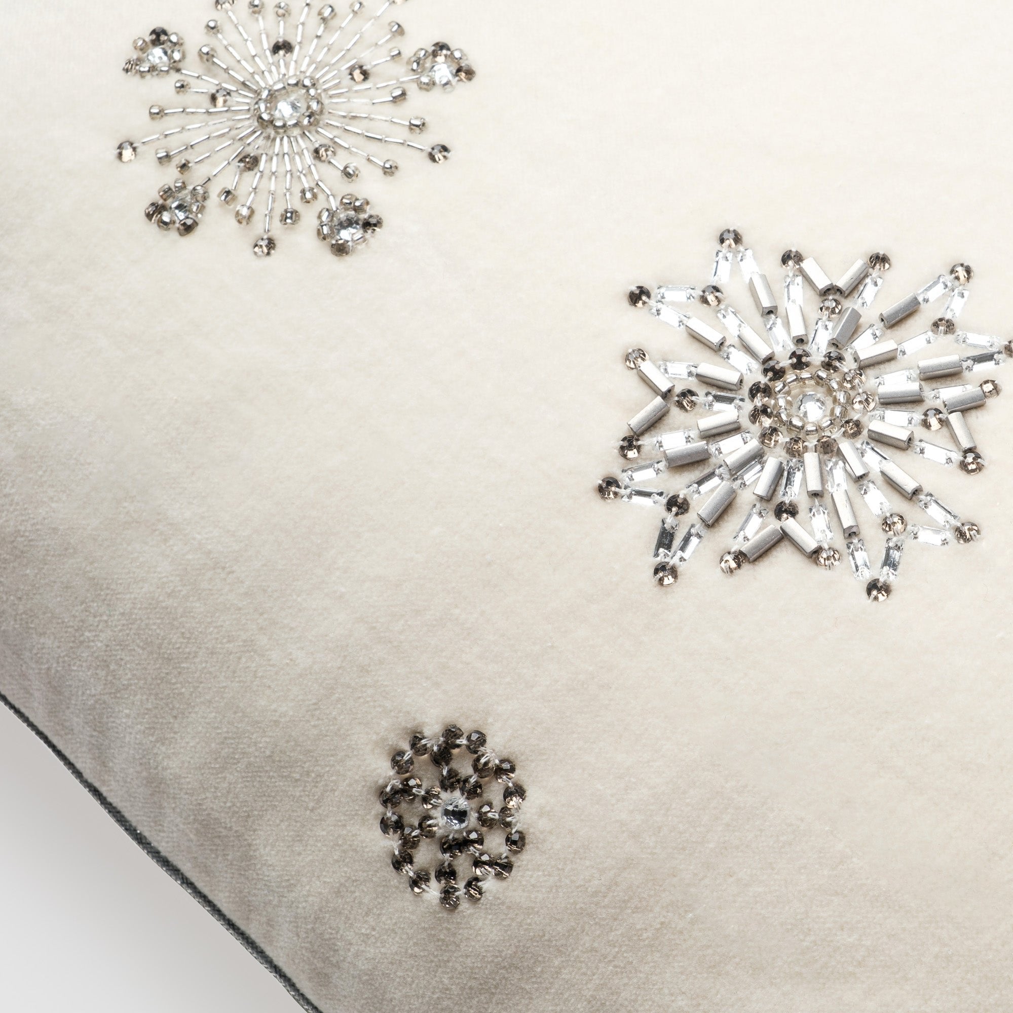 Embroidered snowflake pillow, cream cotton velvet