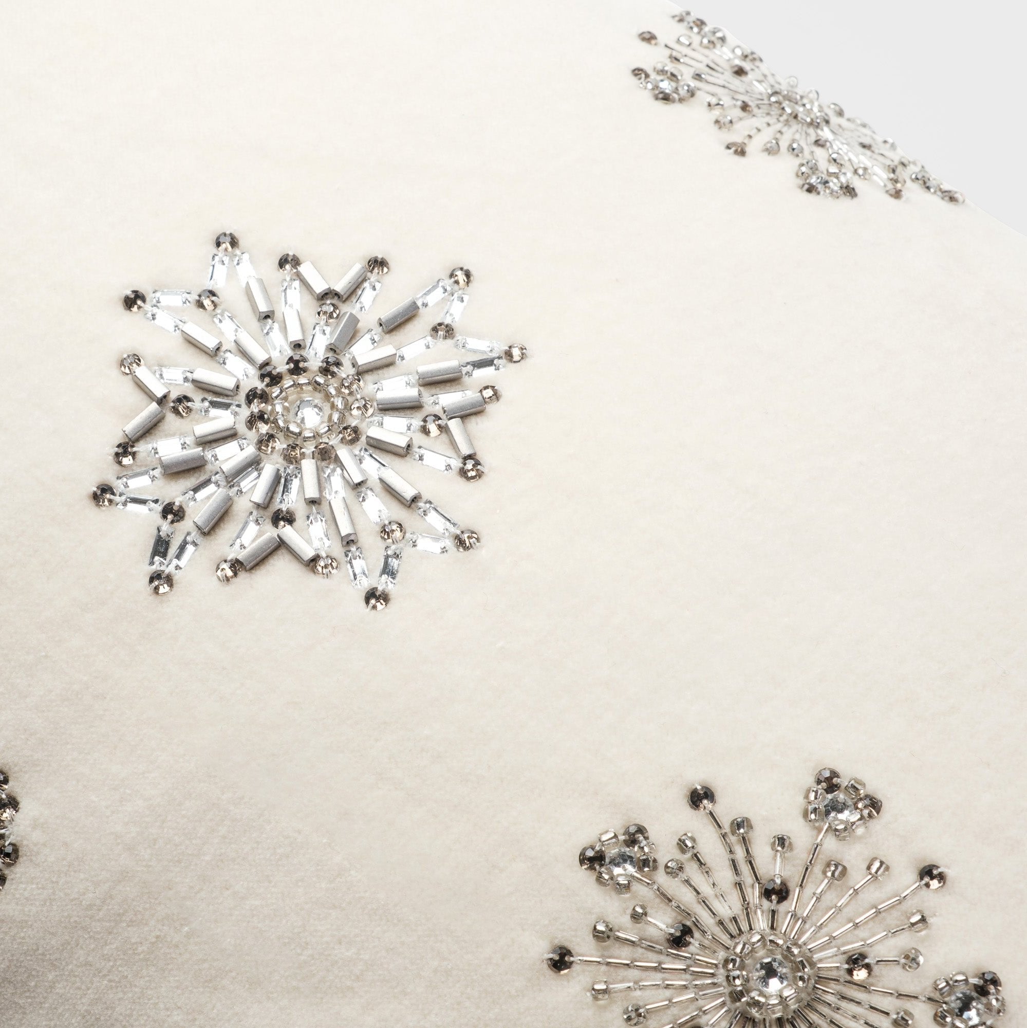Embroidered snowflake pillow, cream cotton velvet