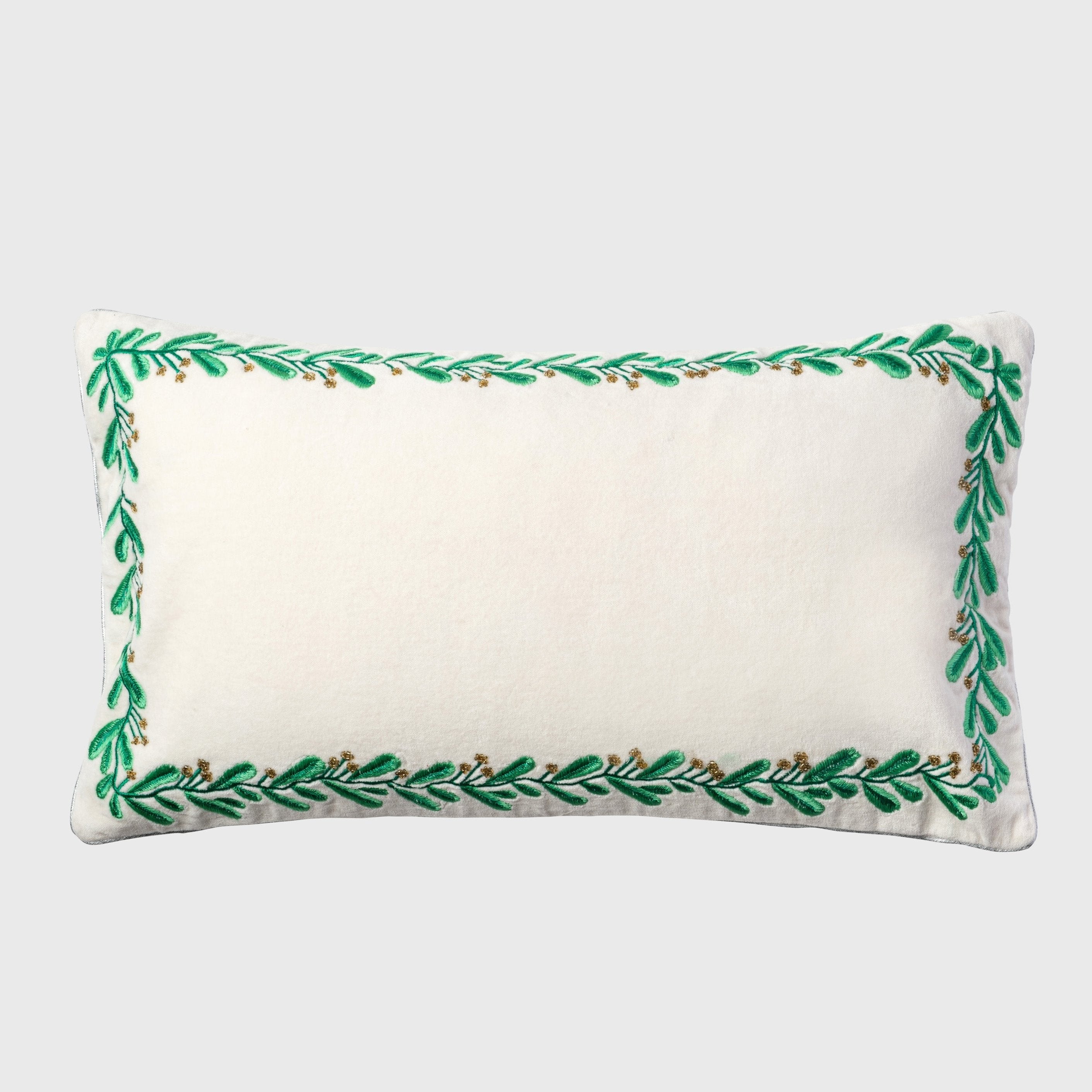 Embroidered border mistletoe pillow, cream cotton velvet