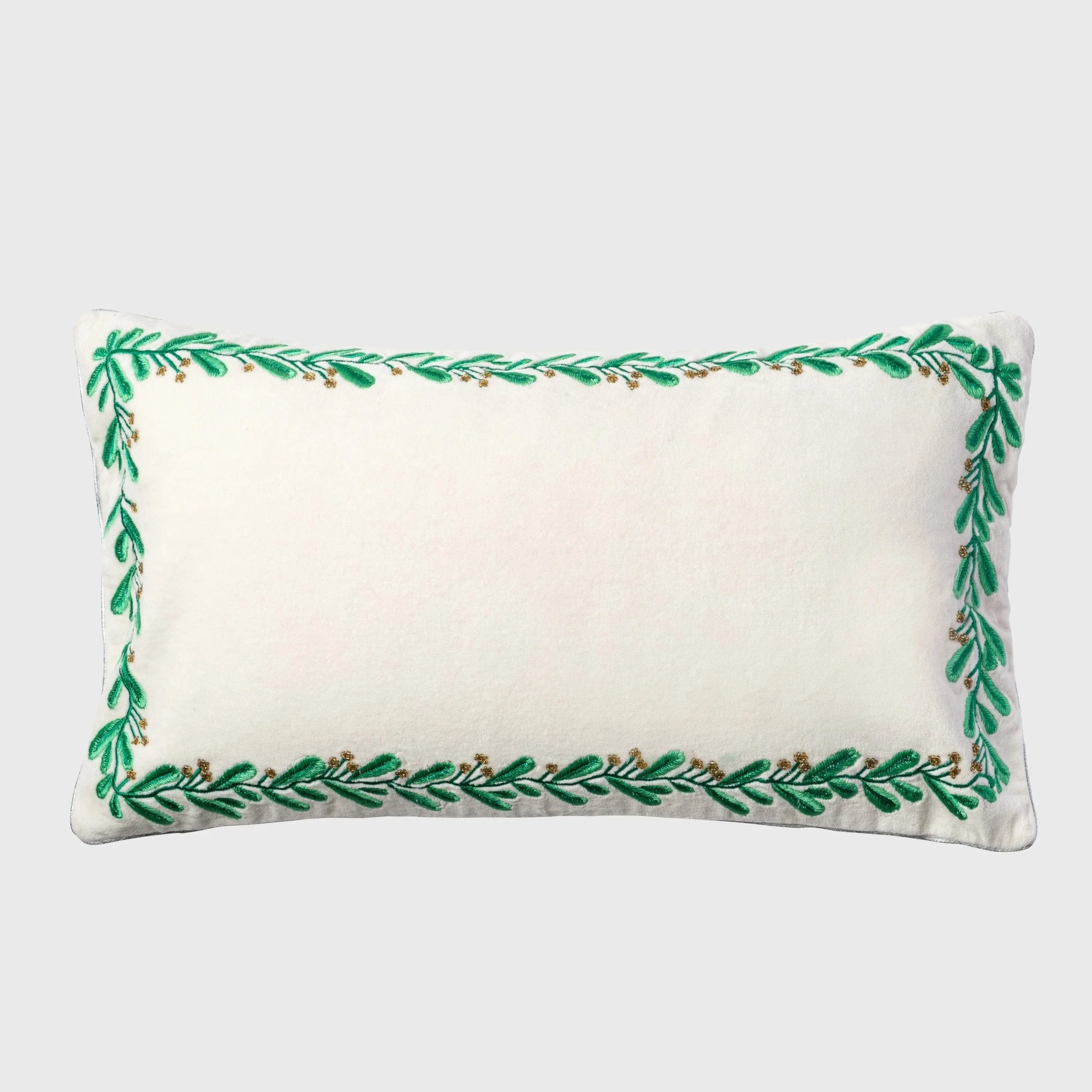 Embroidered Border Mistletoe Cream Velvet Pillow