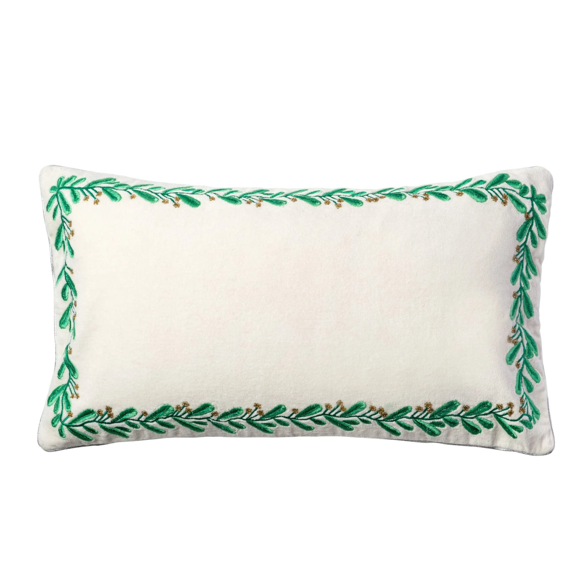 Embroidered Mistletoe Velvet Decorative Pillow in Cream by Joanna Buchanan — 20″ × 10″