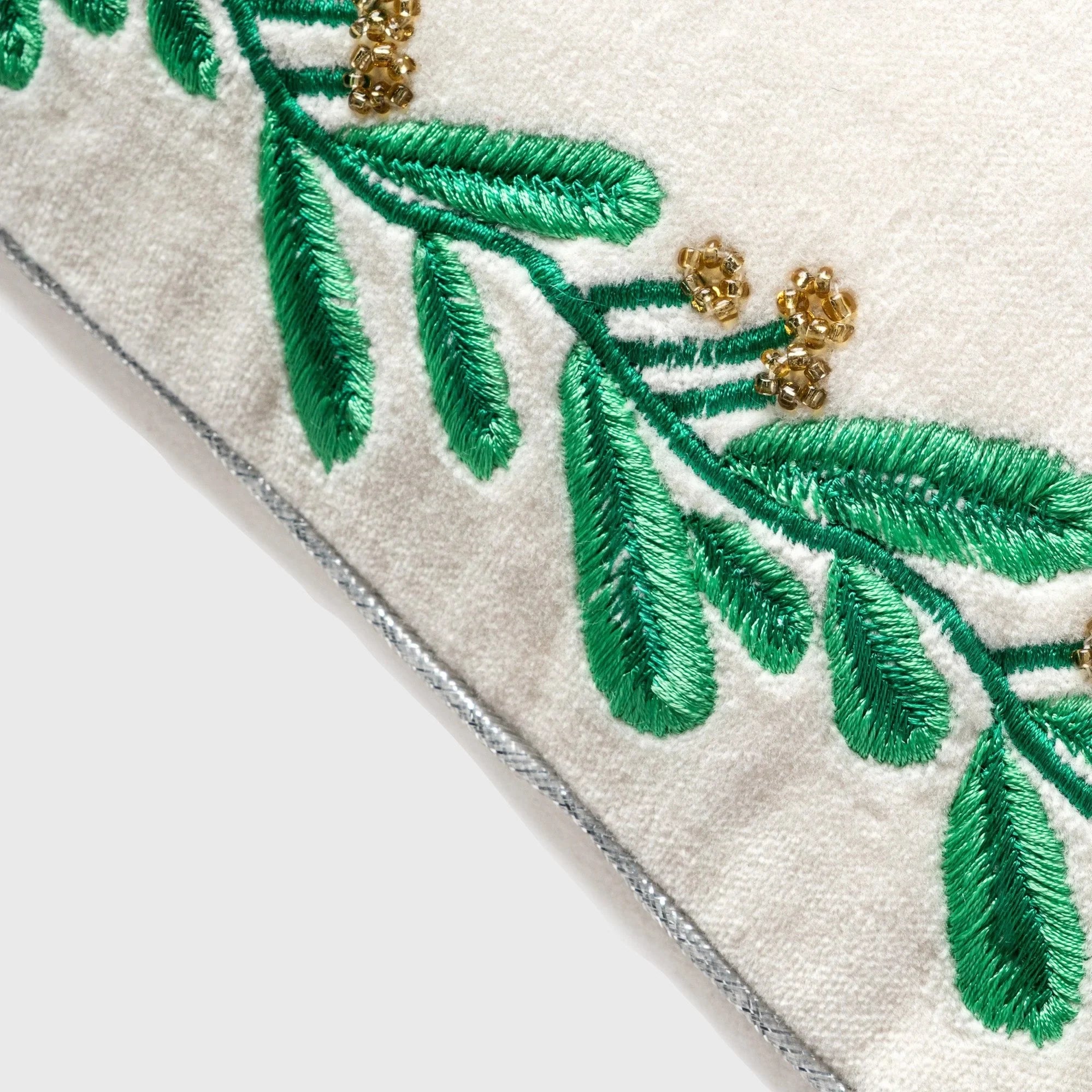 Embroidered Border Mistletoe Cream Velvet Pillow