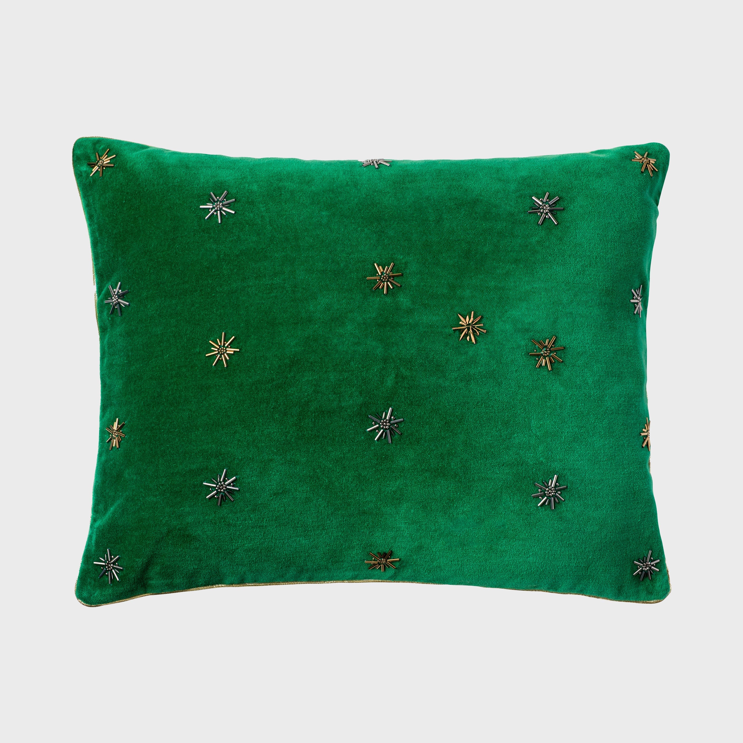 Embroidered star pillow, emerald green cotton velvet