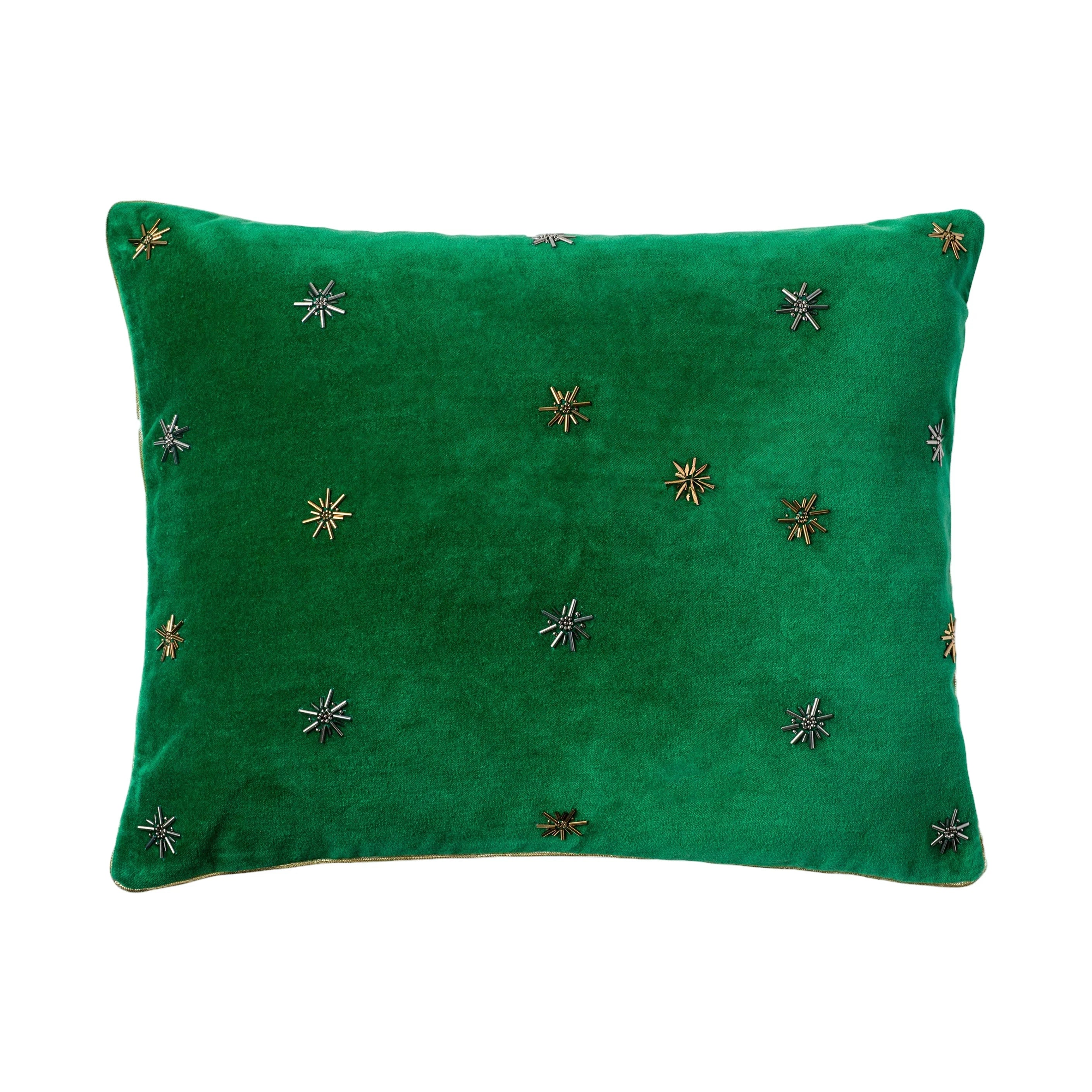 Embroidered Star Emerald Green Velvet Pillow