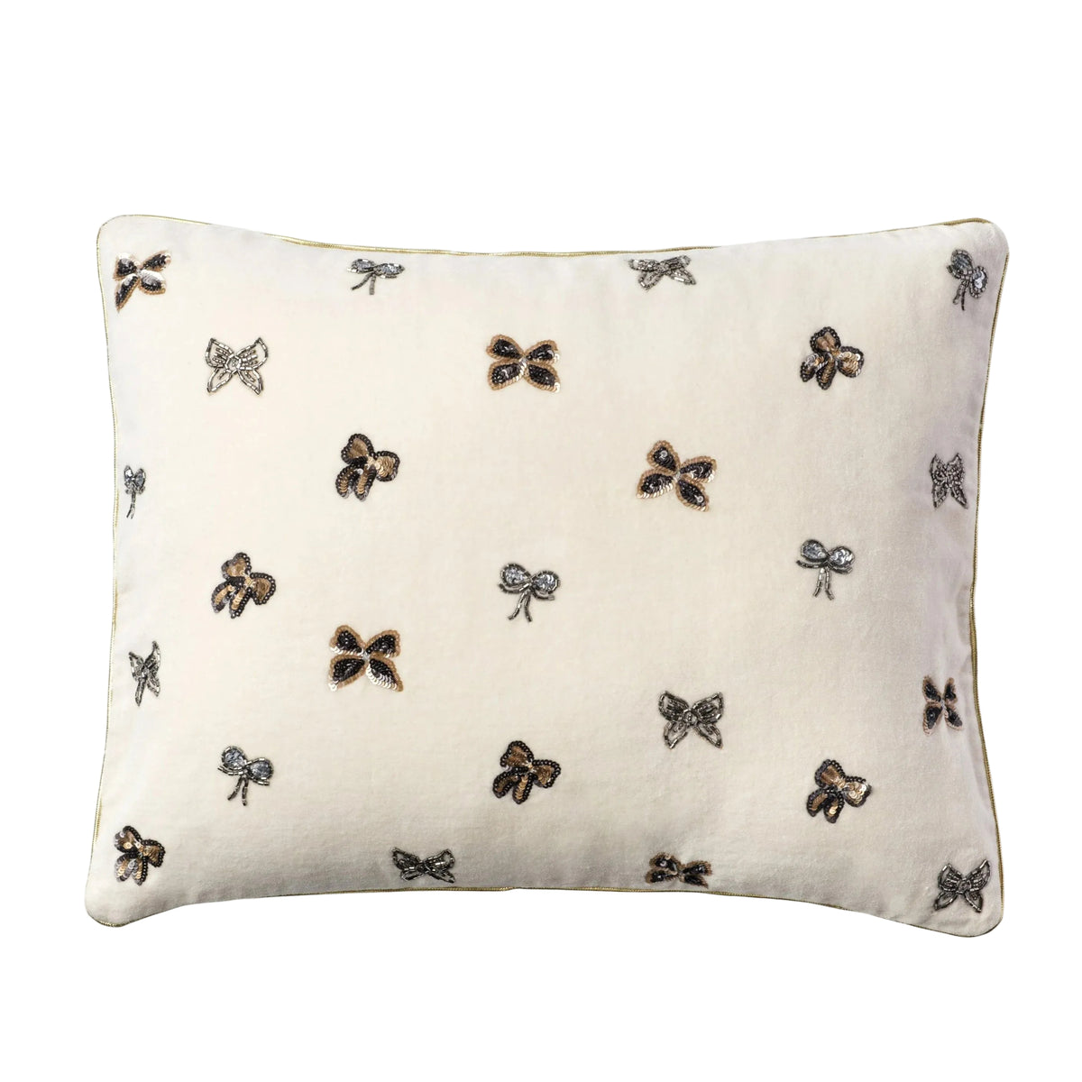 Embroidered Bow Velvet Decorative Pillow in Cream by Joanna Buchanan — 20″ × 17″