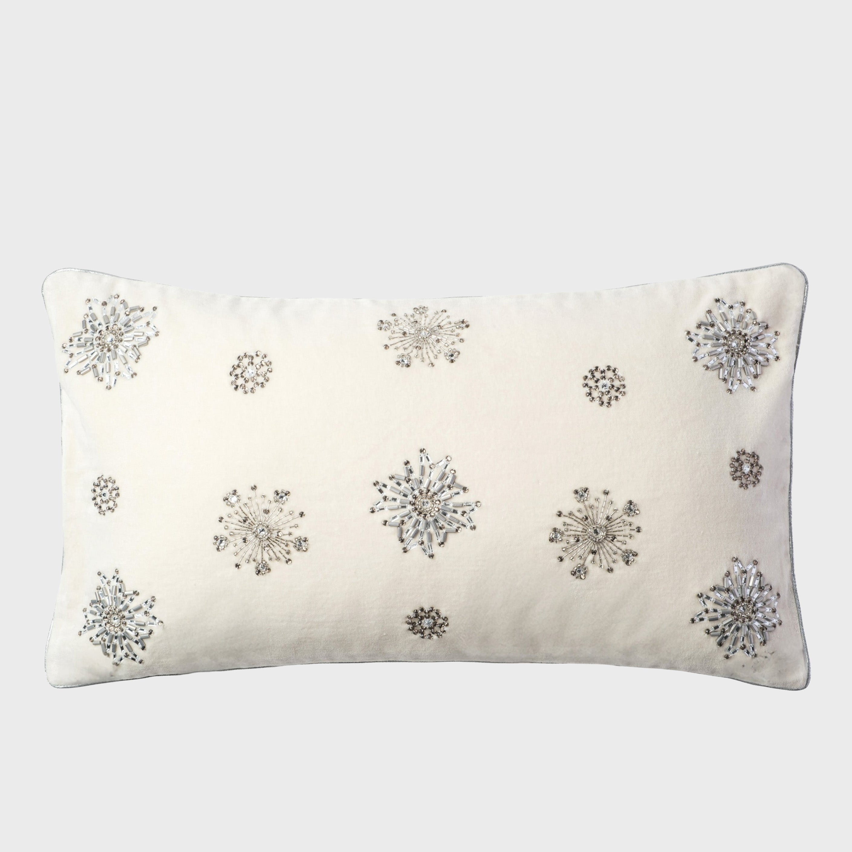 Embroidered snowflake pillow, cream cotton velvet