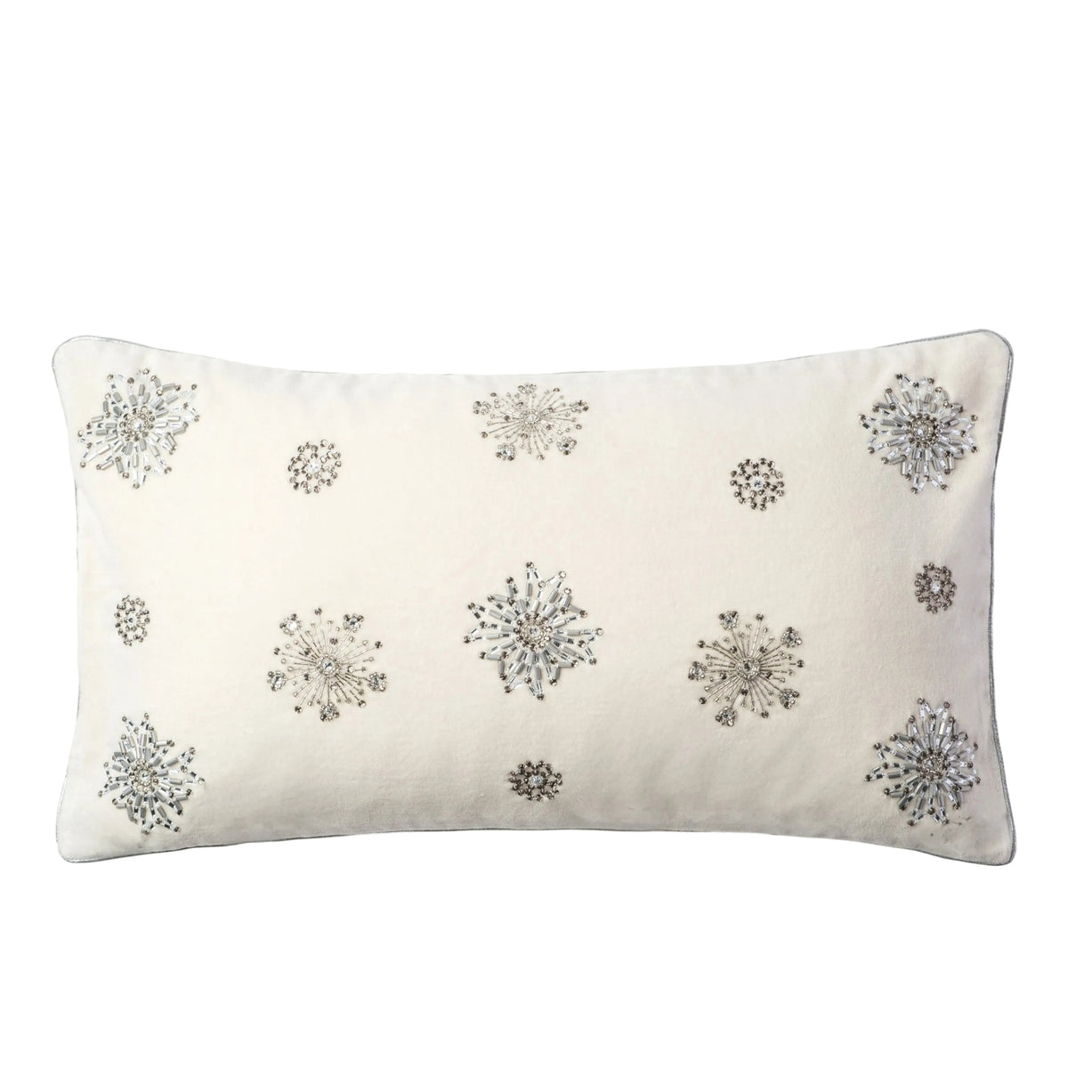 Embroidered Snowflake Velvet Decorative Pillow in Cream by Joanna Buchanan — 20″ × 10″