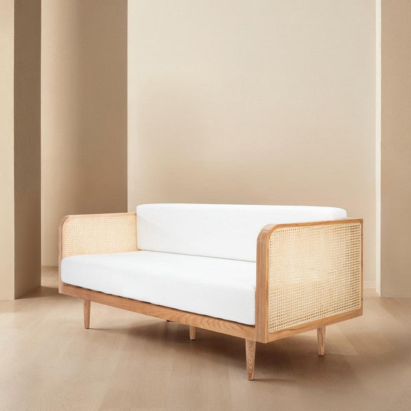 Petroski French Rattan Sofa in Natural with White Cushion