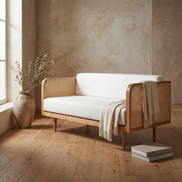 Petroski French Rattan Sofa in Natural with White Cushion