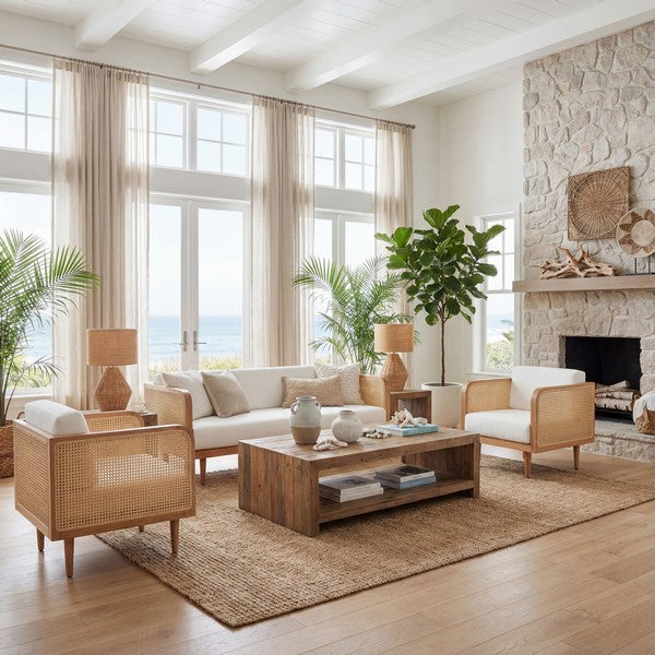 Petroski French Rattan Sofa in Natural with White Cushion
