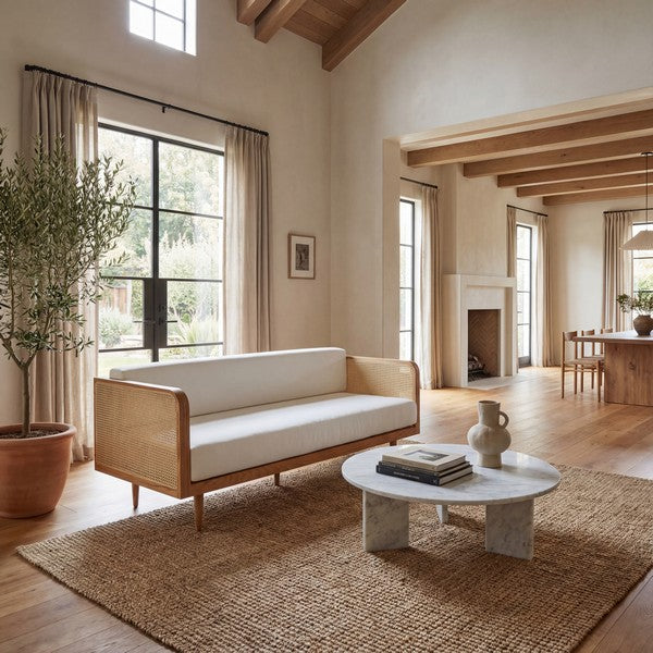 Petroski French Rattan Sofa in Natural with White Cushion