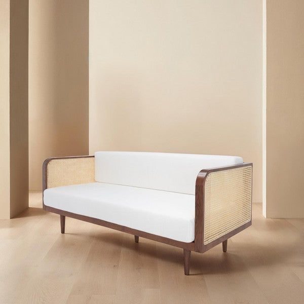 Petroski French Rattan Sofa in Walnut & Natural with White Cushion