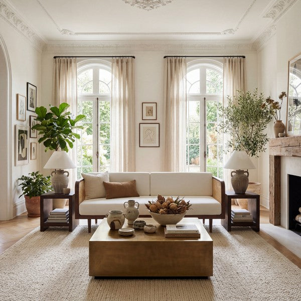 Petroski French Rattan Sofa in Walnut & Natural with White Cushion