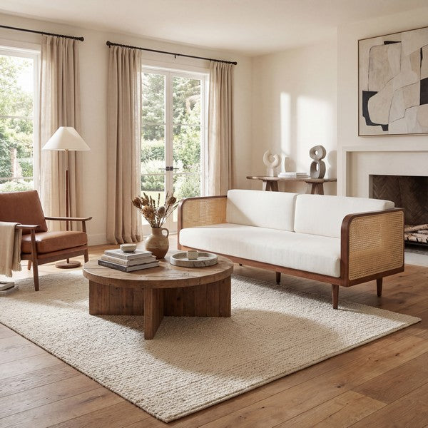 Petroski French Rattan Sofa in Walnut & Natural with White Cushion