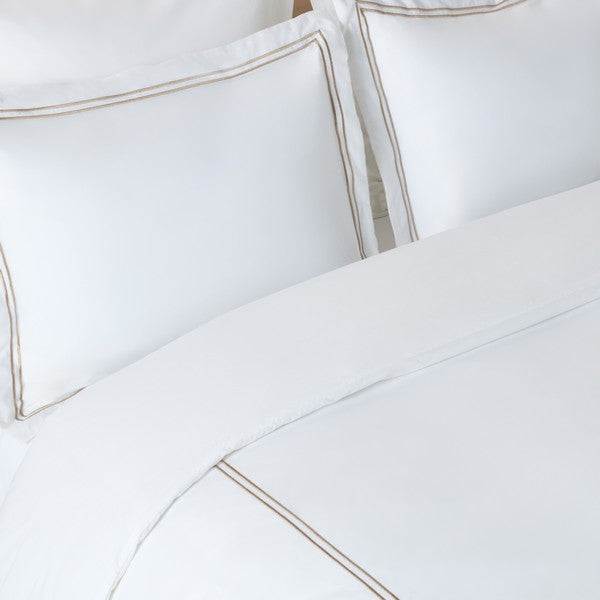 Duvet Cover Set in White with Golden Taupe Embroidered Lines (3 Pieces)