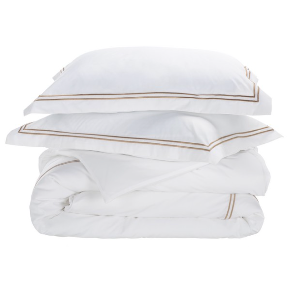 Duvet Cover Set in White with Golden Taupe Embroidered Lines (3 Pieces)