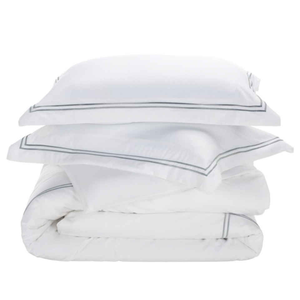 Duvet Cover Set in White with Mist Blue Embroidered Lines (3 Pieces)