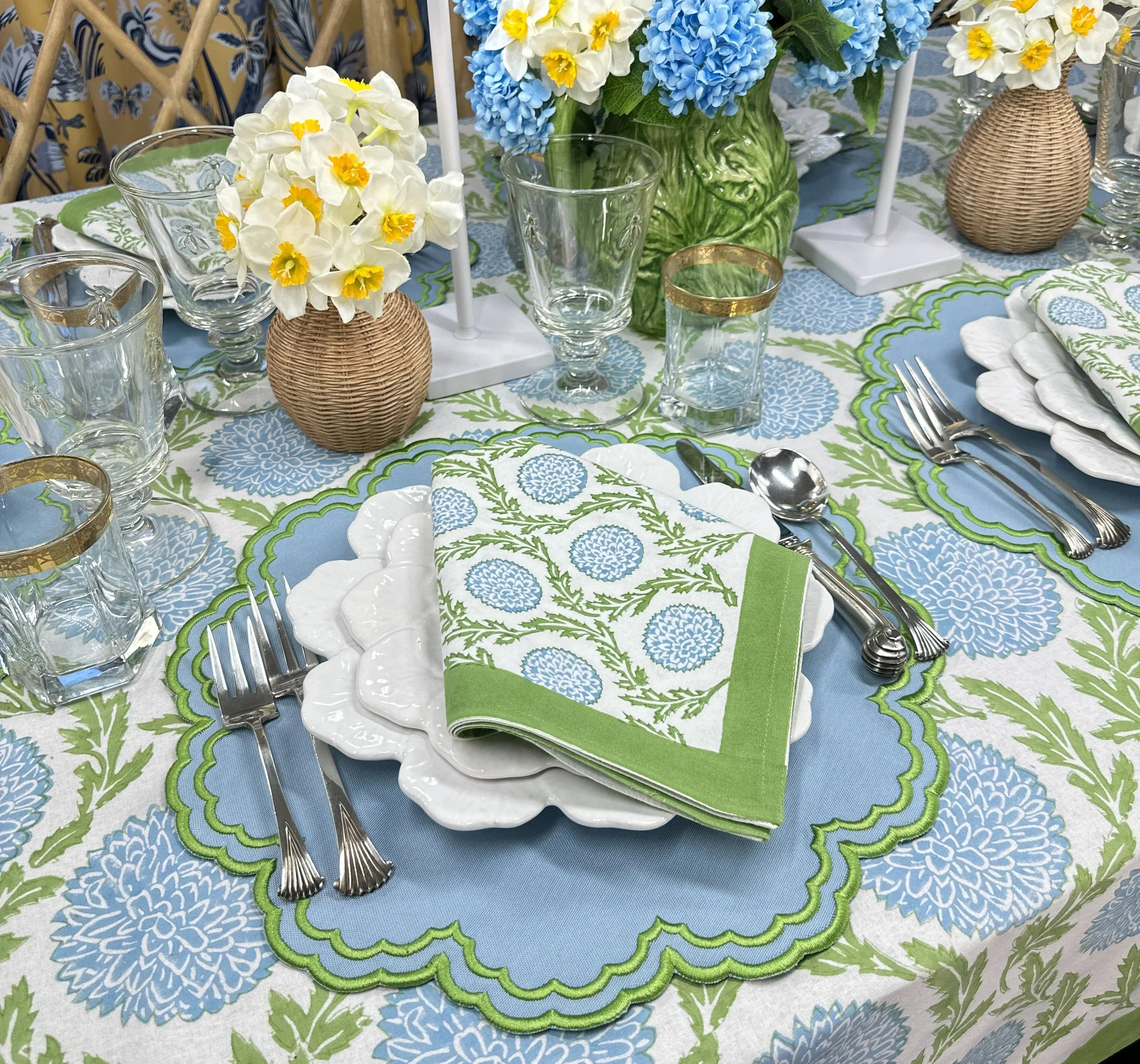 Blue and Green, Flowers & Vines - Napkin (Set of 4) - The Mayfair Hall