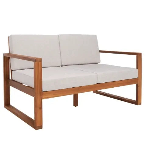 Emiko Acacia Wood Outdoor Bench in Natural and Light Gray - The Mayfair Hall