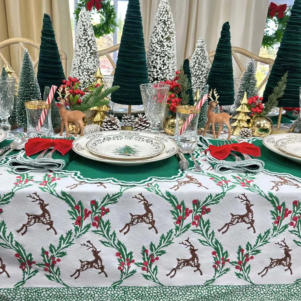 Enchanted Christmas Reindeer Block Print Tablecloth