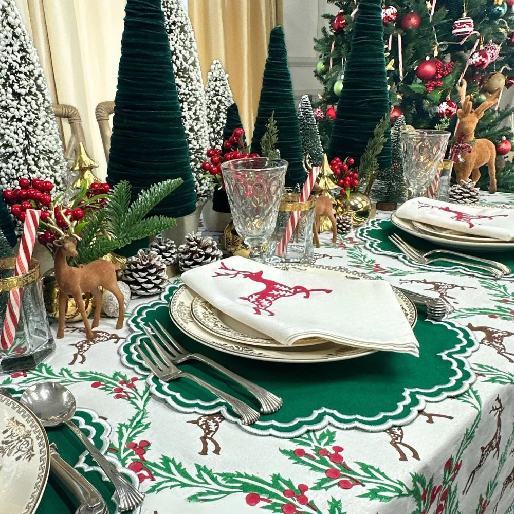 Enchanted Christmas Reindeer Block Print Tablecloth