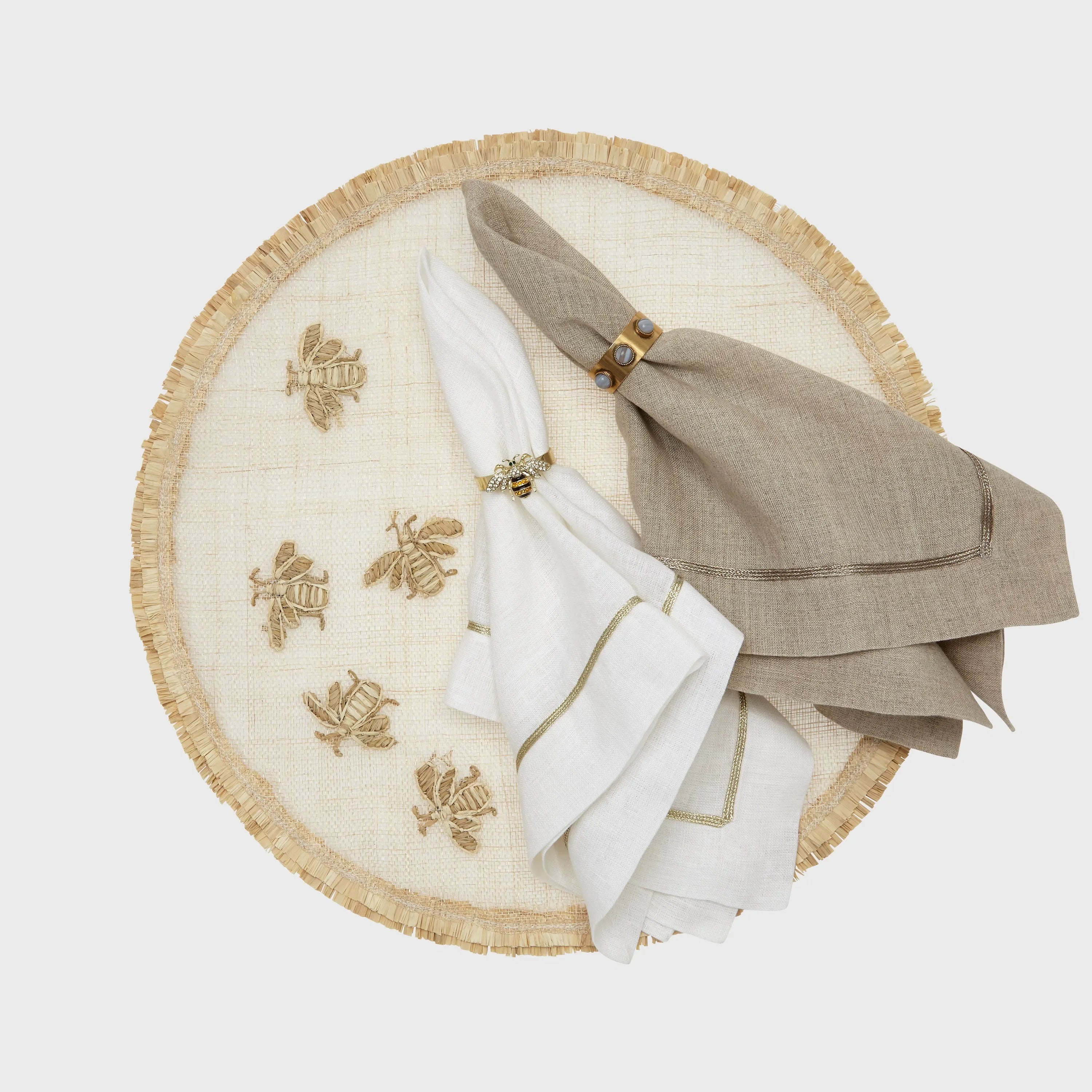Abaca Placemat with Embroidered Bee and Double Fringe Edge (Set of 4) - The Mayfair Hall