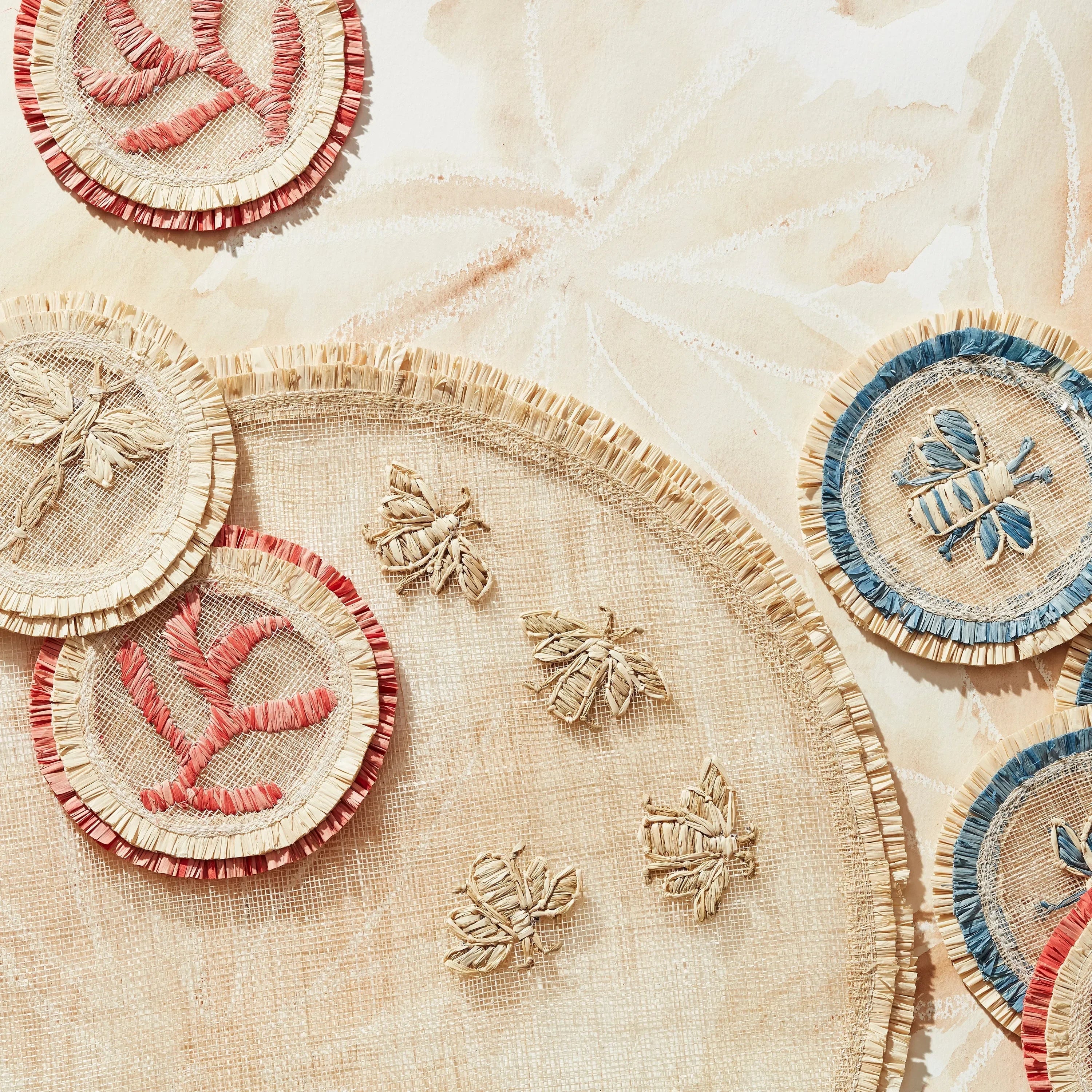 Abaca Placemat with Embroidered Bee and Double Fringe Edge (Set of 4) - The Mayfair Hall