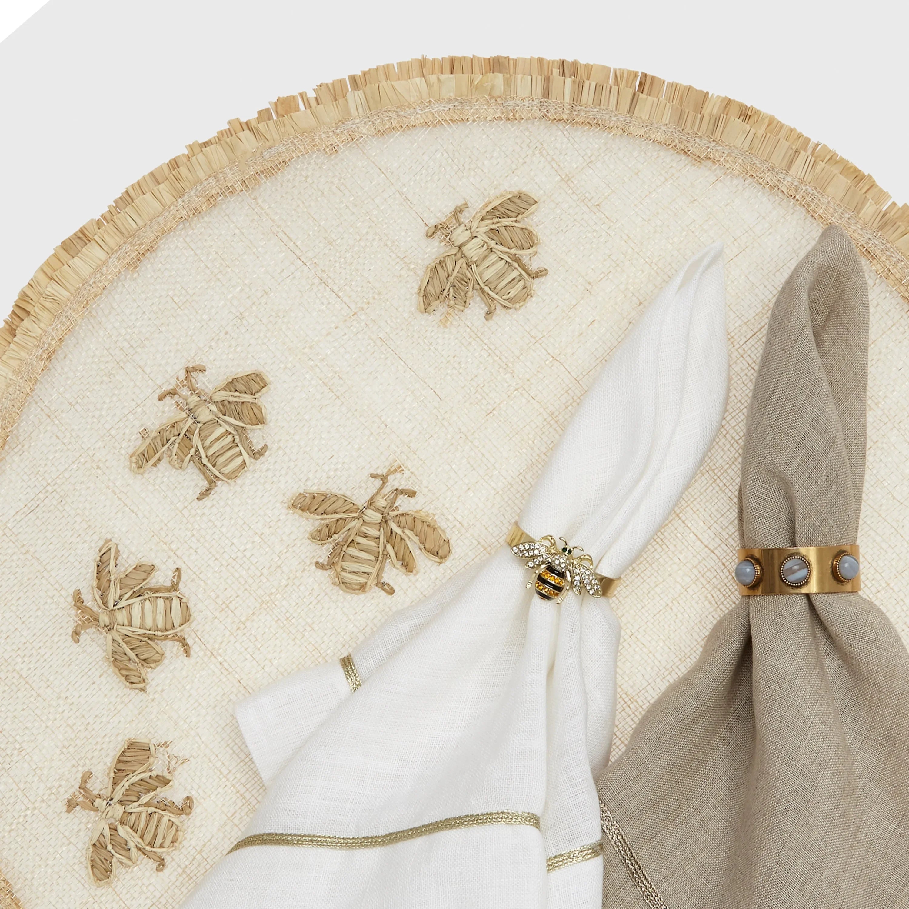 Abaca Placemat with Embroidered Bee and Double Fringe Edge (Set of 4) - The Mayfair Hall