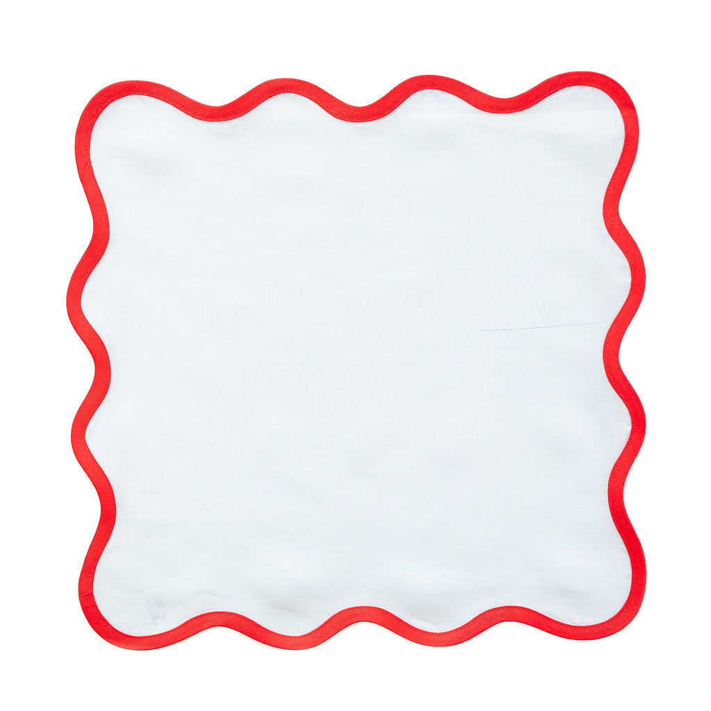 Linen Scalloped Square | Lily White with Rosebud Red
