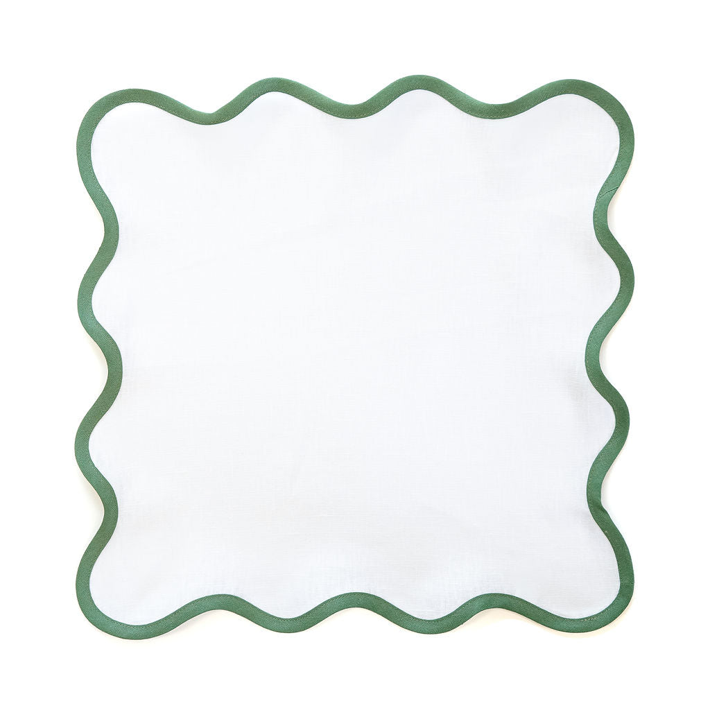Linen Scalloped Square | Lily White with Pine Green