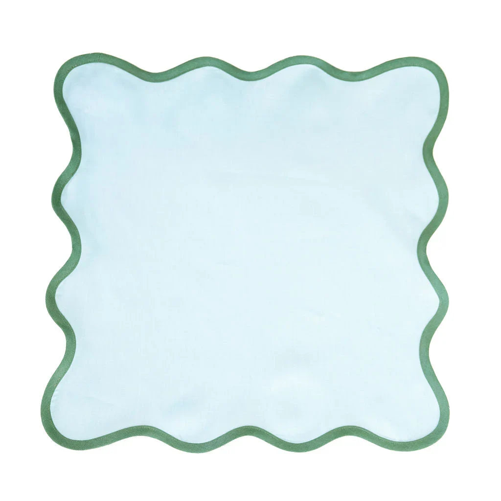 Linen Scalloped Square | Sky Blue with Pine Green