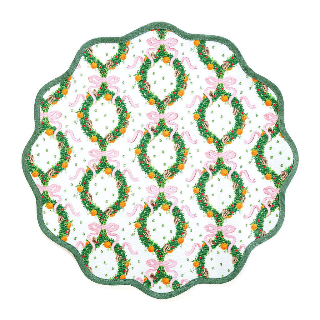 Round Scalloped Placemat | Holiday Wreath - Peony Pink