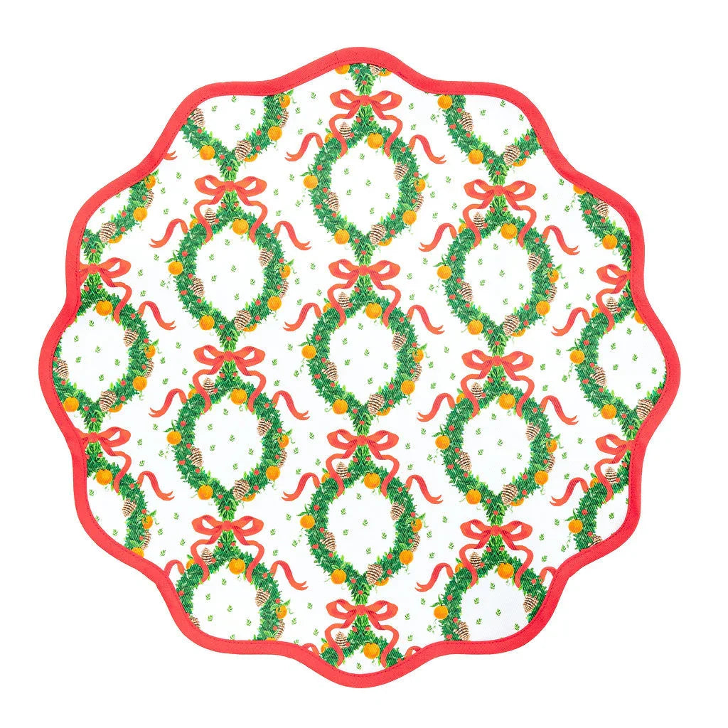 Holiday Wreath and Rosebud Red Round Scalloped Placemat