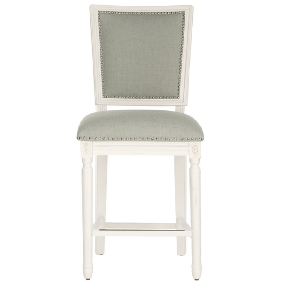 Buchanan Rectangle Counter Stool in Distressed White with Light Gray Upholstery (Set of 2)