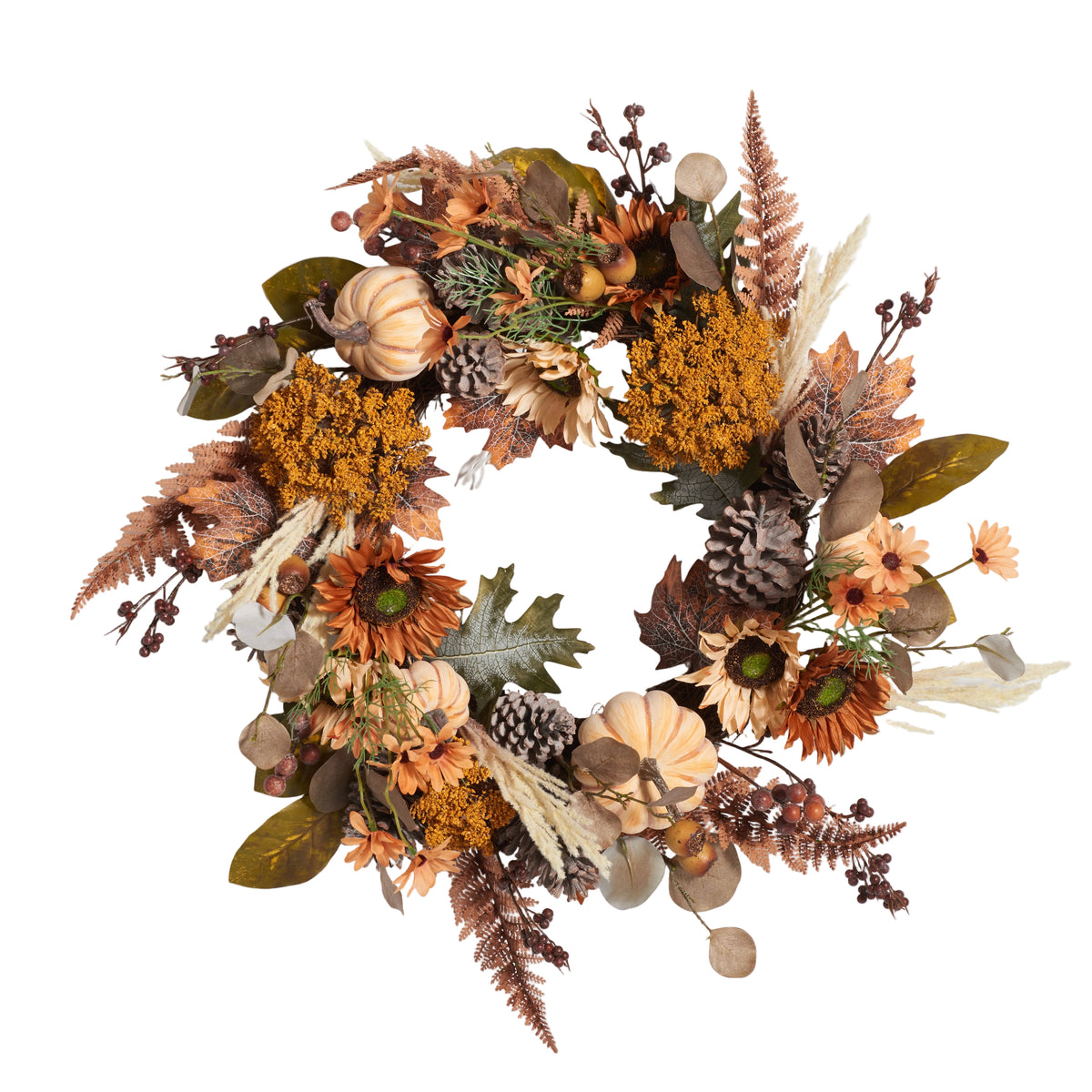 Faux 28 Inch Oak Leaf and Pumpkin Wreath with Pine Cones