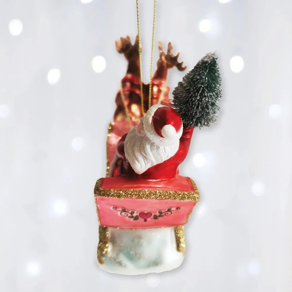 Santa Sleigh and Reindeer Elegant Christmas Ornament, Holiday Blown Glass Figurine
