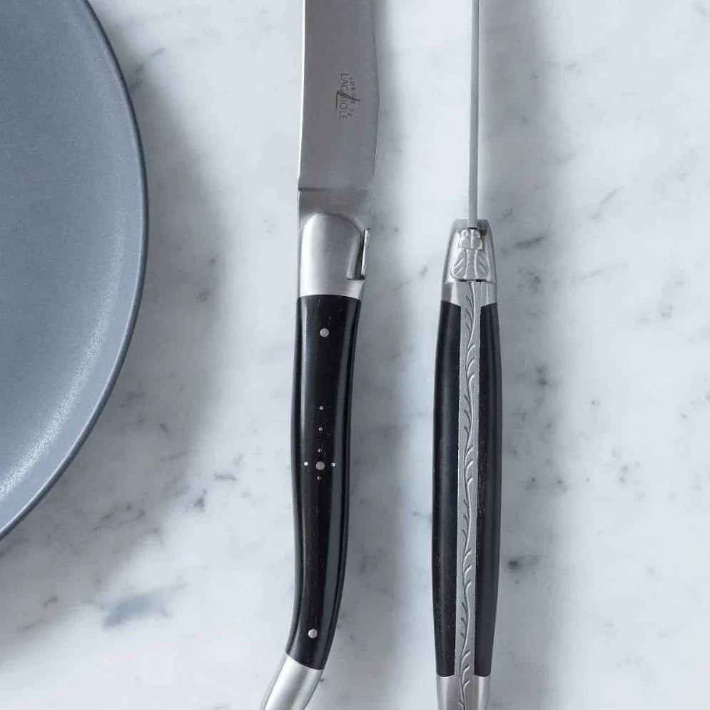 Forge de Laguiole 6 Piece Steak Knife Set Ebony Wood Satin Finish