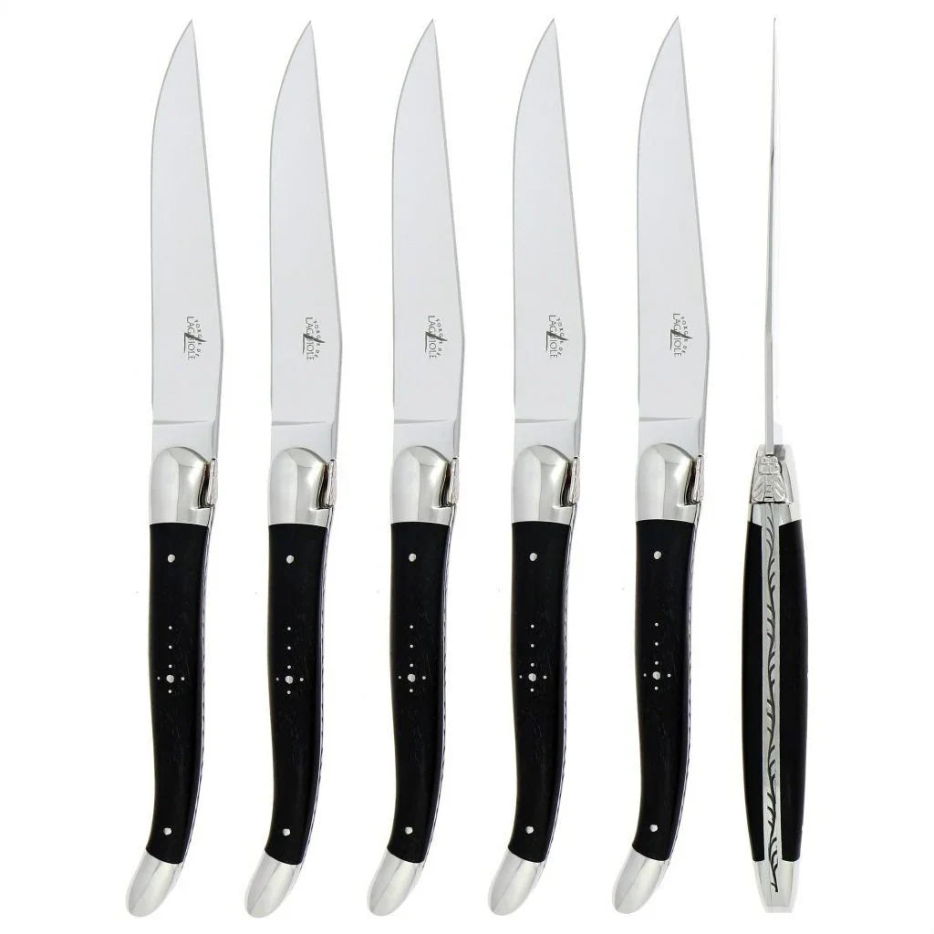 Forge de Laguiole 6 Piece Steak Knife Set Ebony Wood Satin Finish