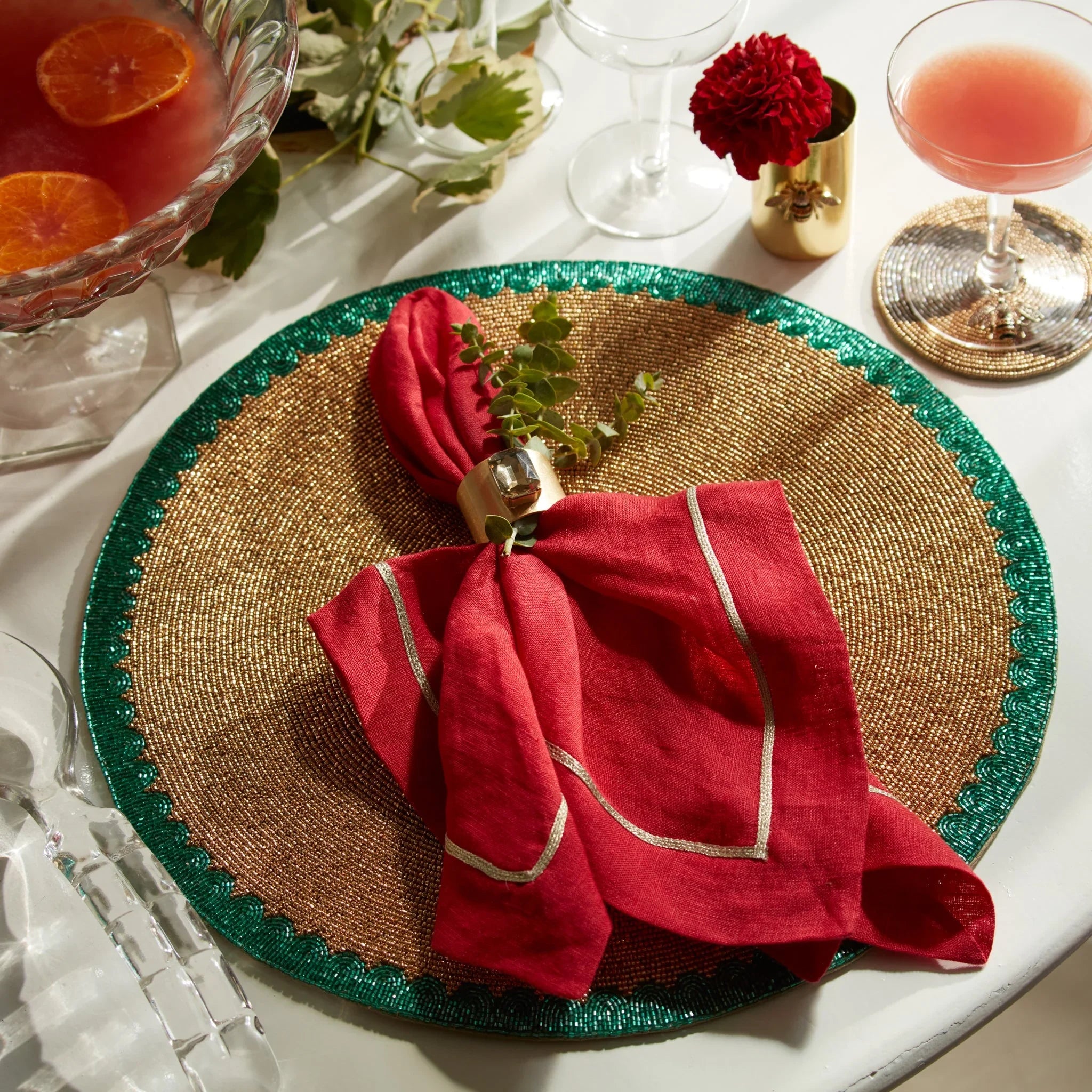 Gold Trim Berry Red Linen Dinner Napkins (Set of 2)