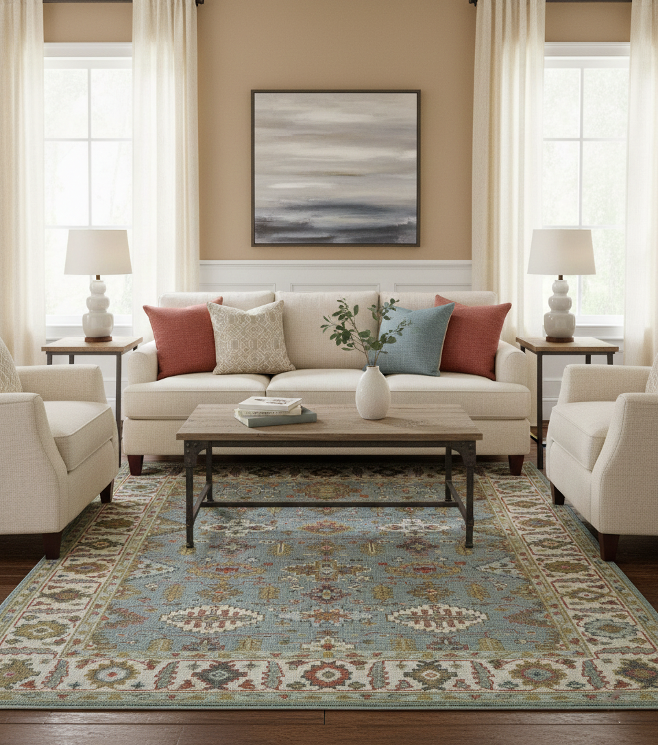 Custom Made Blue And Beige Traditional Hand Knotted Wool Area Rug