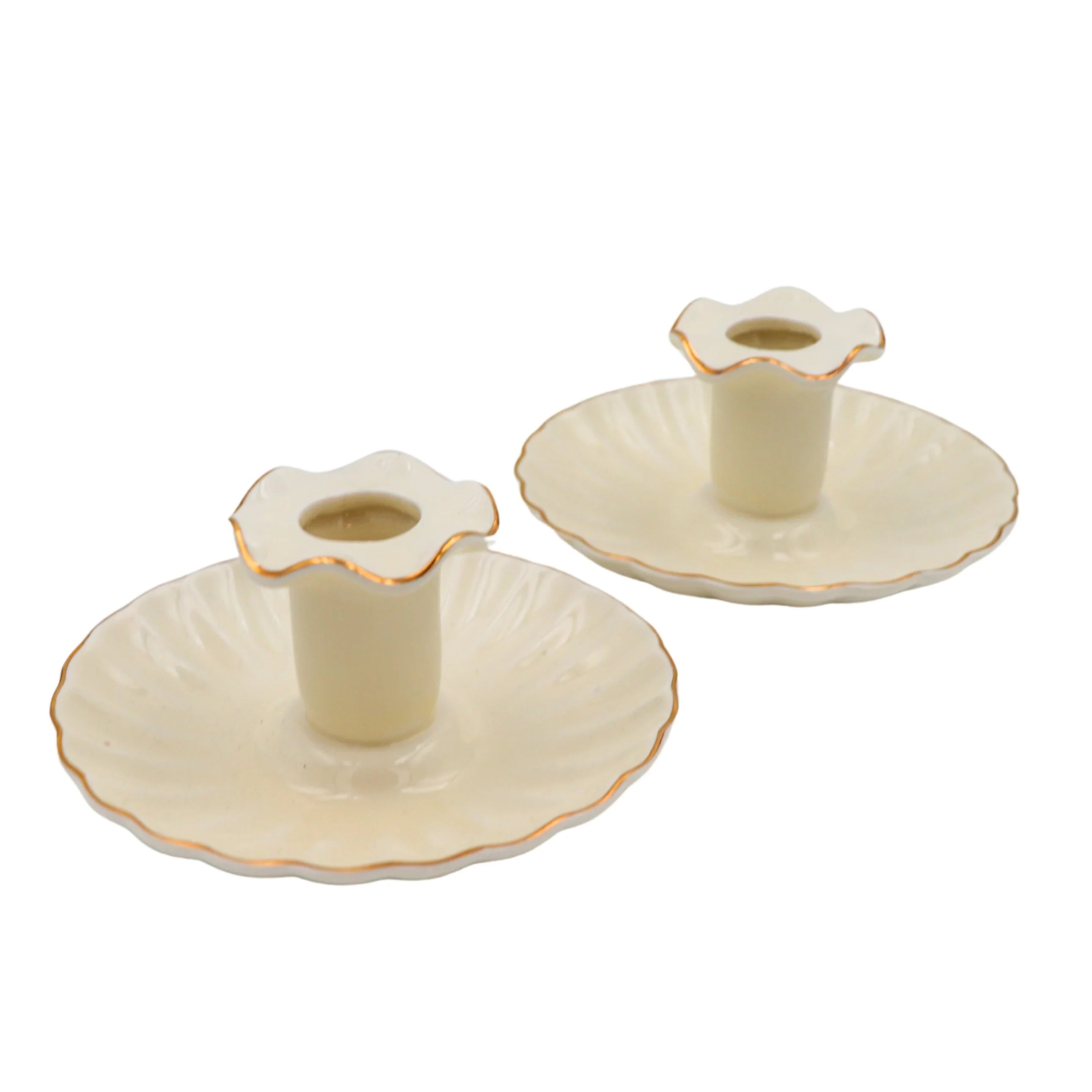 Gilded Ceramic Candle Holder in Cream with Gold Rim (Set of 2)