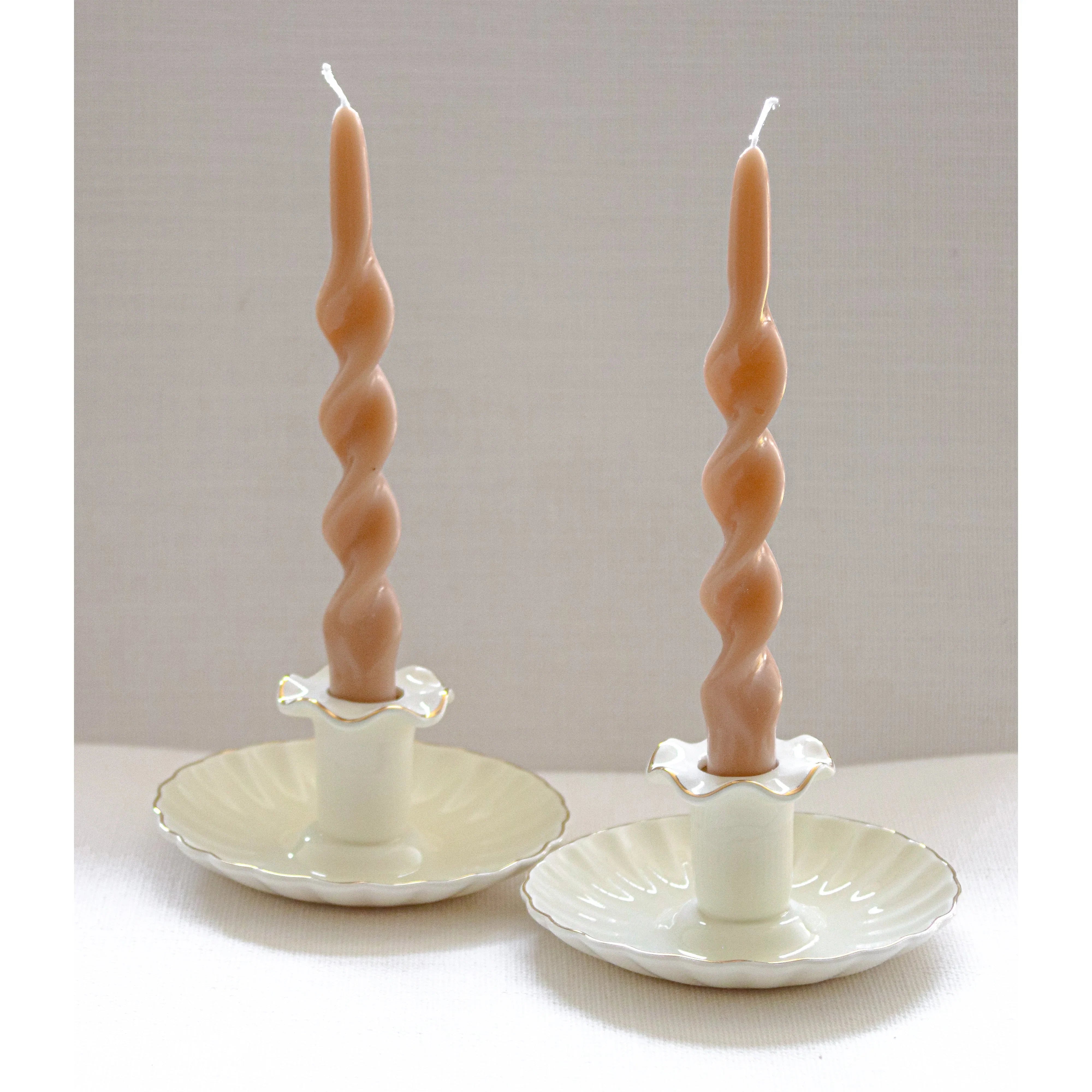 Gilded Ceramic Candle Holder in Cream with Gold Rim (Set of 2)
