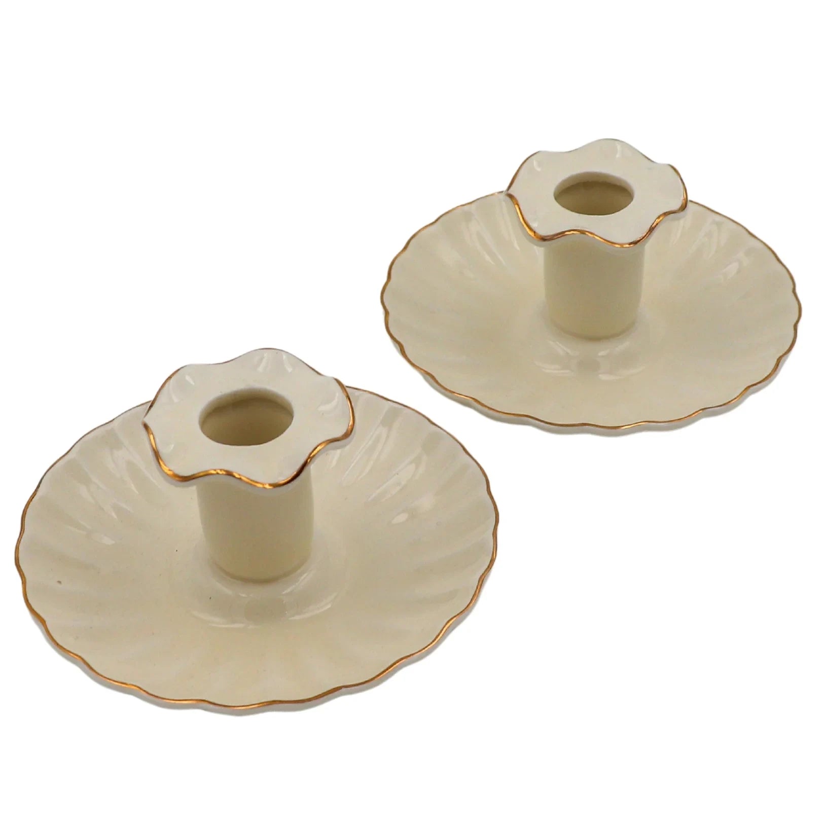 Gilded Ceramic Candle Holder in Cream with Gold Rim (Set of 2)