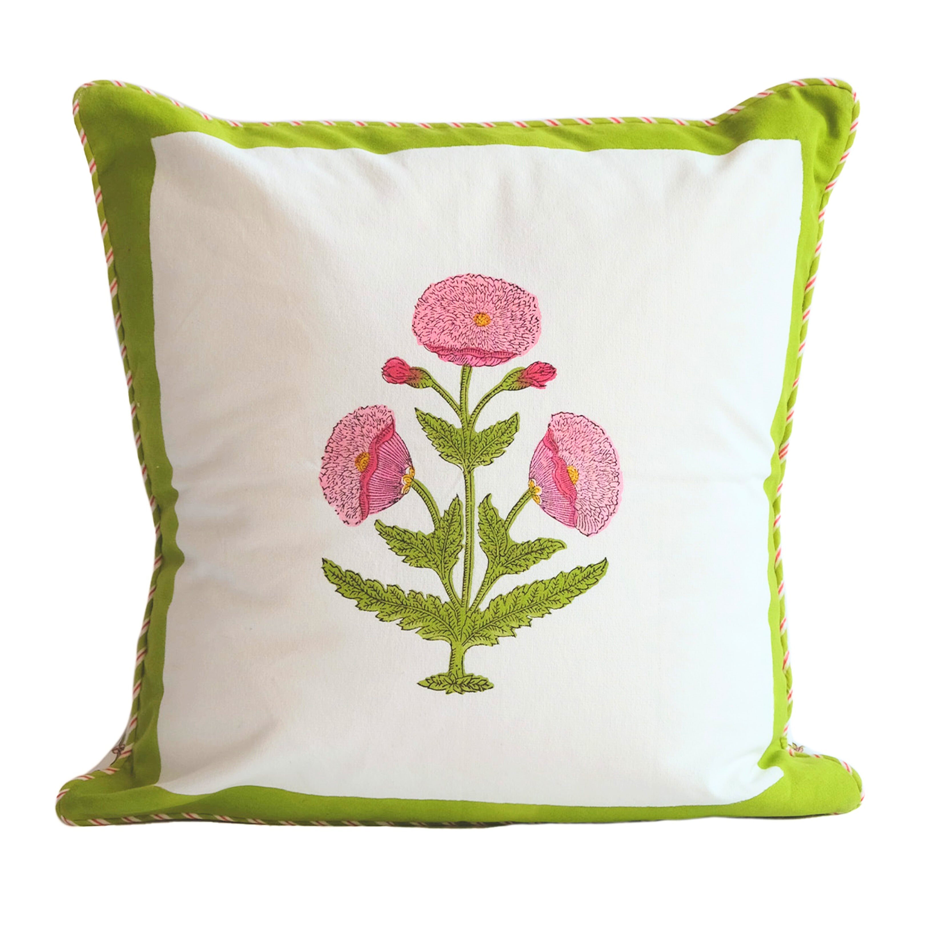 Green Poppy Blockprint Pillow
