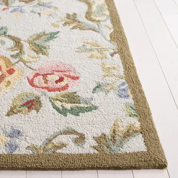 Chelsea Wool Rug in Ivory and Sage with Floral Design - The Mayfair Hall