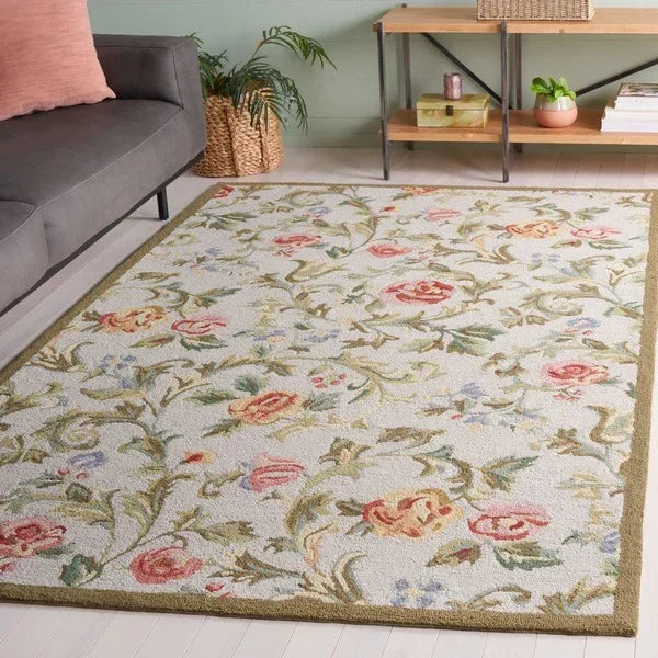Chelsea Wool Rug in Ivory and Sage with Floral Design - The Mayfair Hall