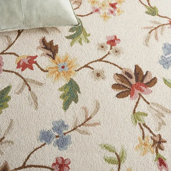 Chelsea Wool Rug in Ivory and Green with Floral Design - The Mayfair Hall