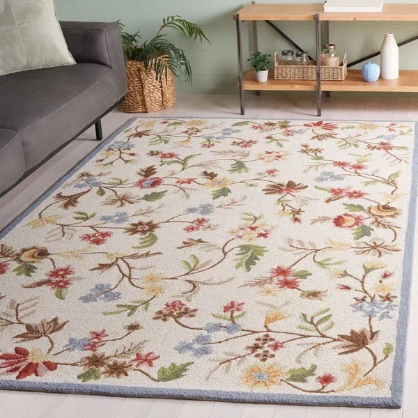 Chelsea Wool Rug in Ivory and Green with Floral Design - The Mayfair Hall